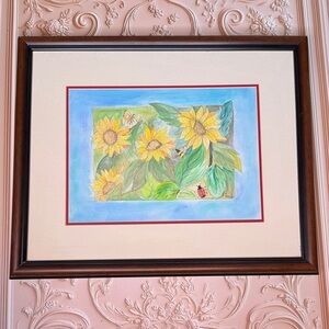 Original Sunflower Watercolor in Wooden Frame possibly by Bonnie Mattick
